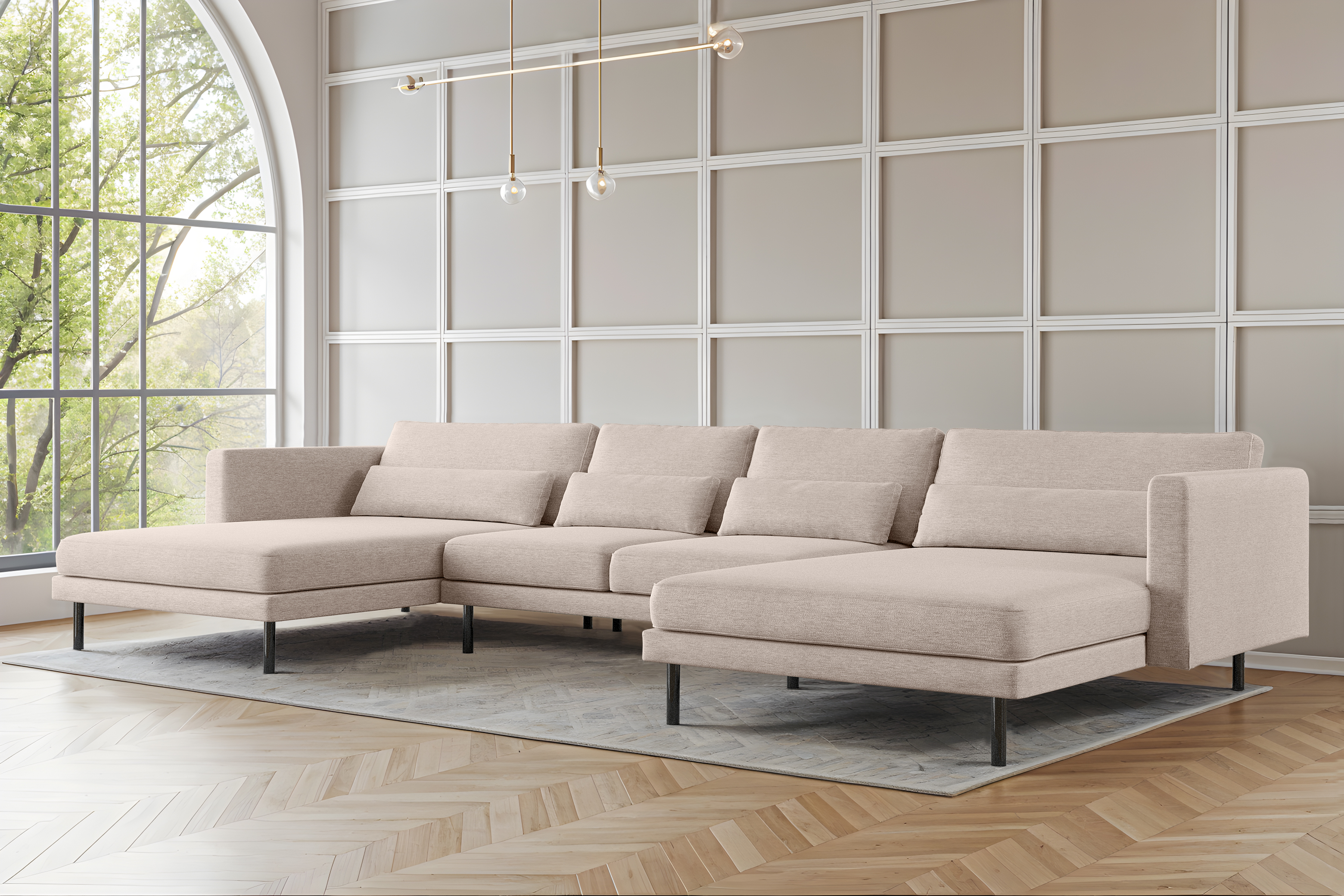 Elegantes Ecksofa DANI U mit Verita-Stoff in modernem Wohnzimmer – großes U-förmiges Sofa mit Kissen und Metallfüßen, Verita 03